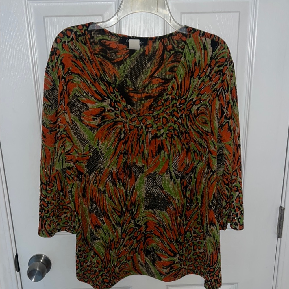 Orange and Green 3/4 Sleeve Tunic with Ruched Neckline